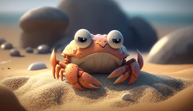 Cute Cartoon Crab on a Beach Generative AI