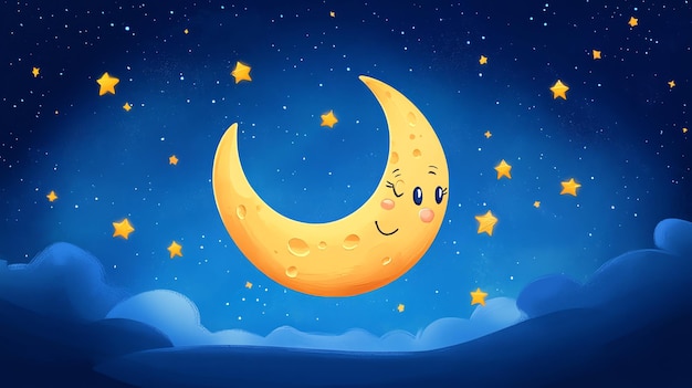 A cute cartoon crescent moon smiles against a backdrop of twinkling stars and clouds