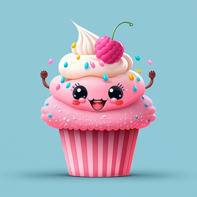 Cute cartoon cupcake character with pink frosting and sprinkles Using Generative AI