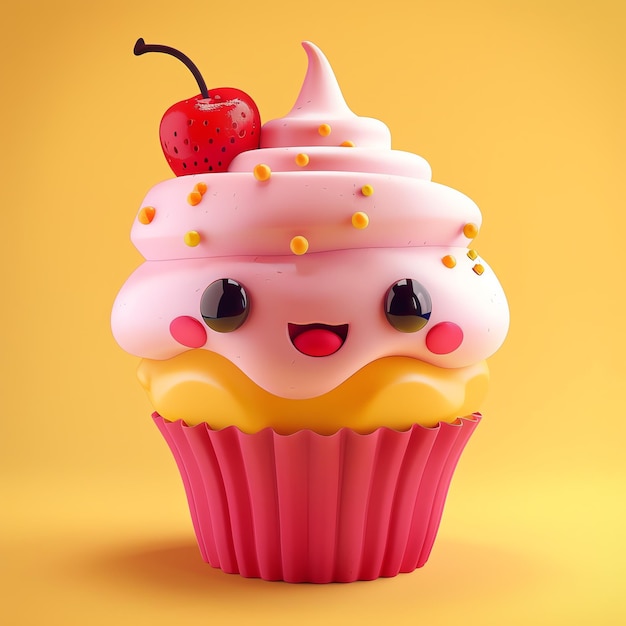 Cute cartoon cupcake with pink frosting a cherry on top and a happy face against a vibrant yellow