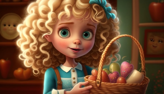 Cute Cartoon Curly Haired Blonde Girl Holding a Basket of Easter Eggs Generative AI