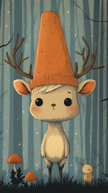 Photo cute cartoon deer wearing a hat in the woods