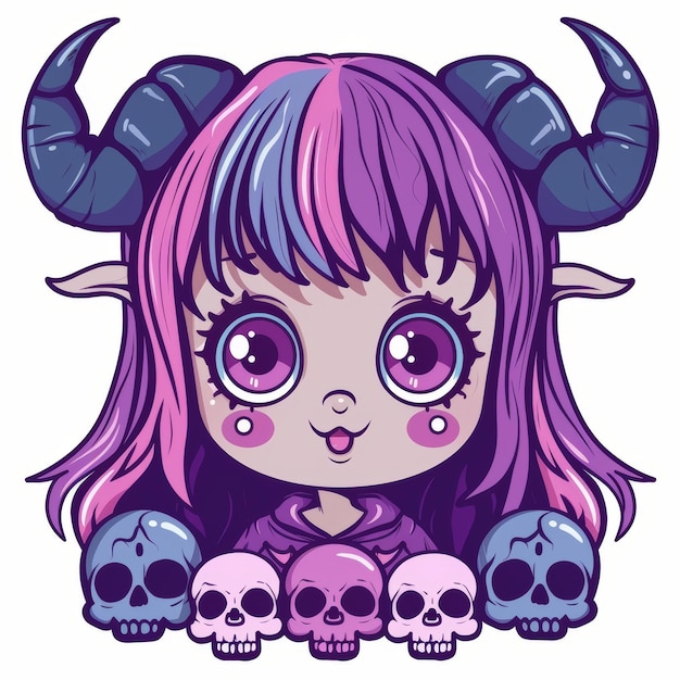 Cute cartoon demon girl with big eyes and horns surrounded by skulls