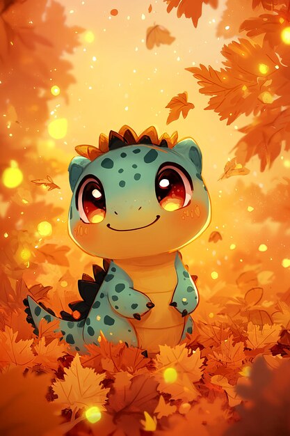 Cute Cartoon Dinosaur in Autumn Forest