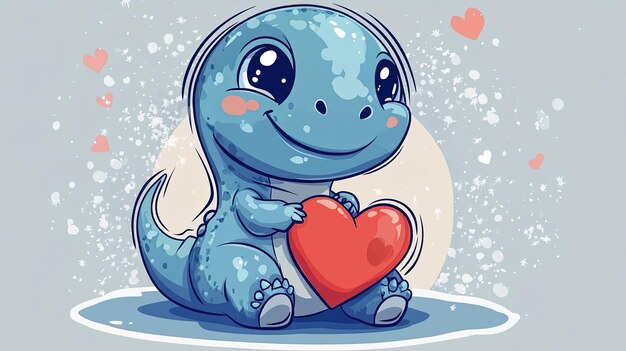 Photo cute cartoon dinosaur holding red heart love valentine s day illustration