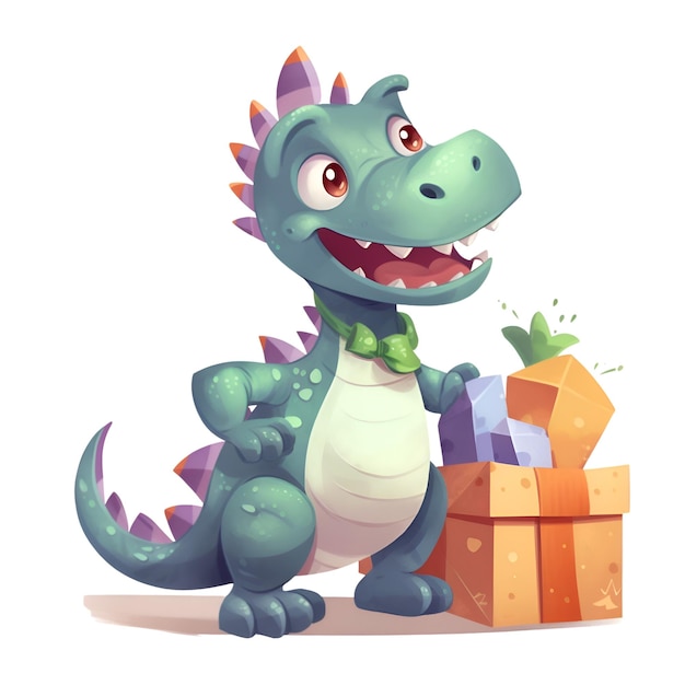 Cute cartoon dinosaur with gift box Vector illustration isolated on white background