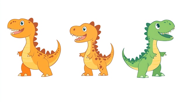 Cute Cartoon Dinosaurs Set Green Orange Yellow