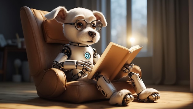 Cute cartoon dog robot reading a book at home