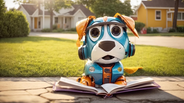 Cute cartoon dog robot reading a book on the street near the house