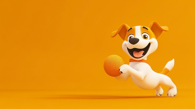 Photo cute cartoon dog running with a ball isolated on an orange background