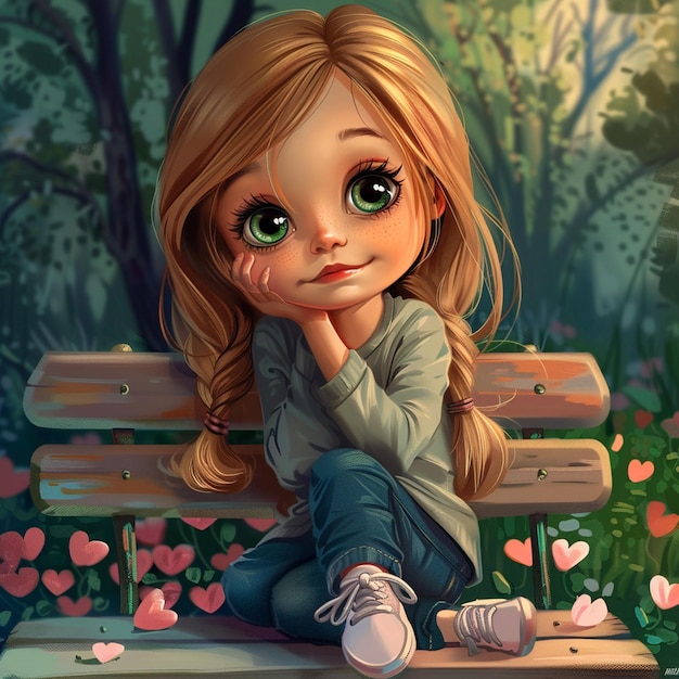 Cute Cartoon Doll Style Portrait of a Little Girl on a Love Bench for Valentines Day