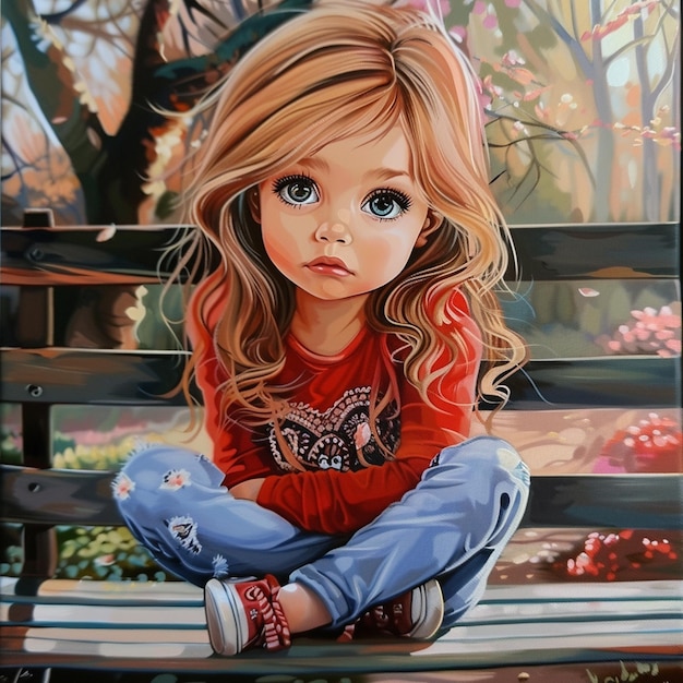 Cute Cartoon Doll Style Portrait of a Little Girl on a Love Bench for Valentines Day