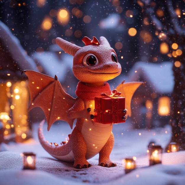 The cute cartoon dragon is featured on a Christmas background in winter with a gift box AIcreated