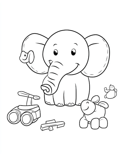 Cute Cartoon Elephant Coloring Page with Toys