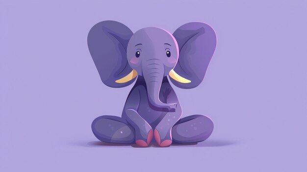 Photo cute cartoon elephant sitting down with a shy smile on its face the elephant is purple with yellow ears and pink feet