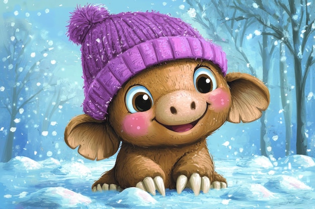 Cute Cartoon Elephant Wearing a Purple Hat in the Snow