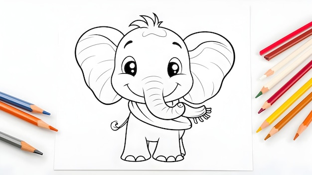 Photo cute cartoon elephant with scarf on coloring page with colored pencils