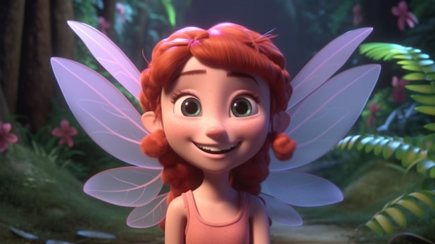 Cute cartoon fairy with wings in a magical forest