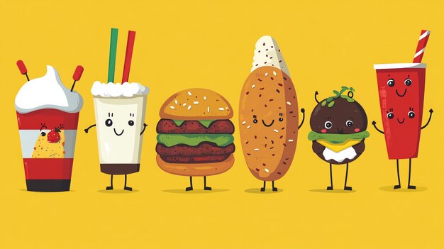 Photo cute cartoon fast food characters smiling and waving