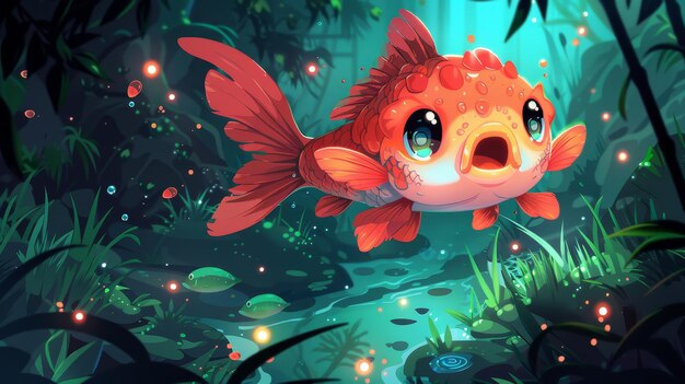 Cute Cartoon Fish in a Lush Green Forest