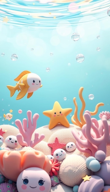 Photo cute cartoon fish starfish and coral reef with smiling faces in a blue ocean