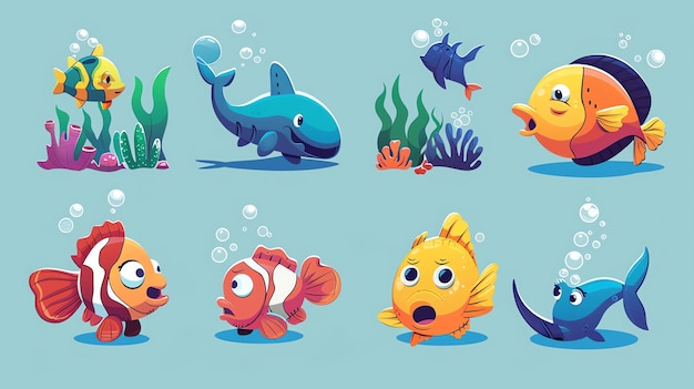 Photo cute cartoon fish underwater with bubbles