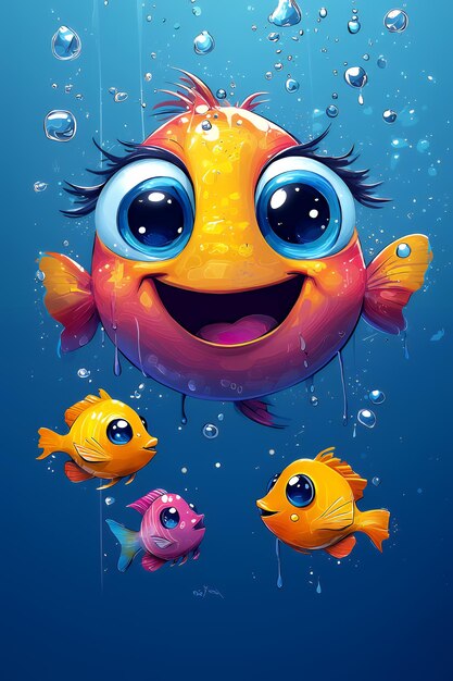 Photo cute cartoon fish with big eyes smiling in underwater scene