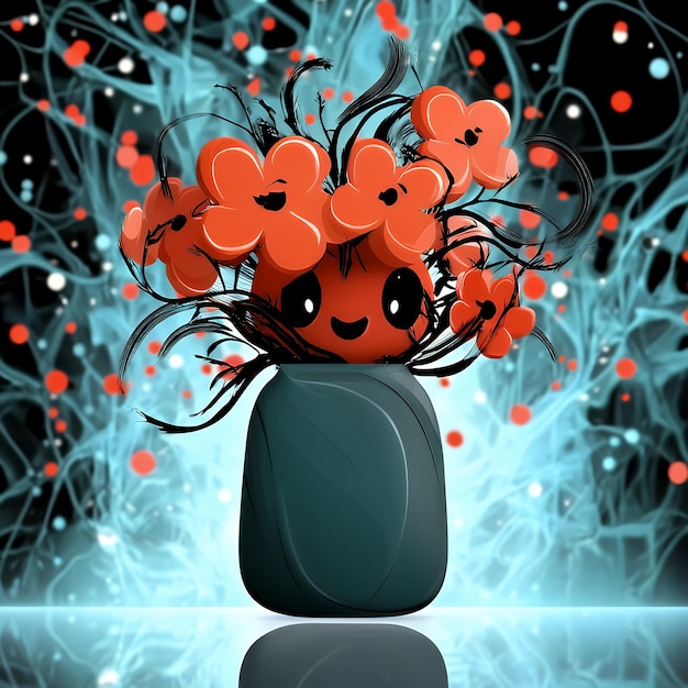 Photo cute cartoon flower pot with red flowers