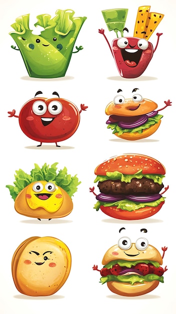 Photo cute cartoon food characters a set of funny food illustrations