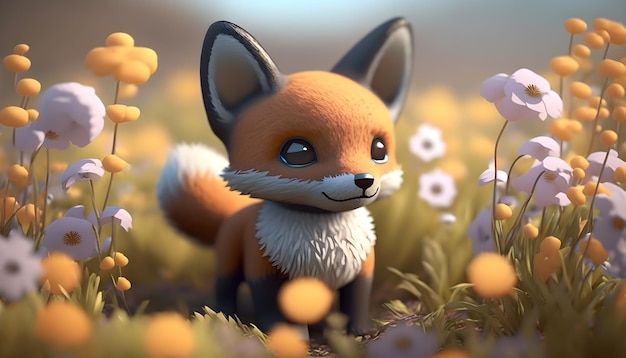 Cute Cartoon Fox Character in a Field of Spring Flowers generative ai