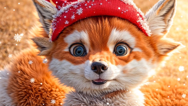 Cute cartoon fox in a hat in a snowy meadow