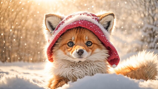 Cute cartoon fox in a hat in a snowy meadow