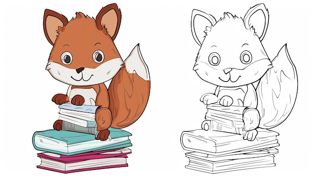 Photo cute cartoon fox hold a book stack color and outline