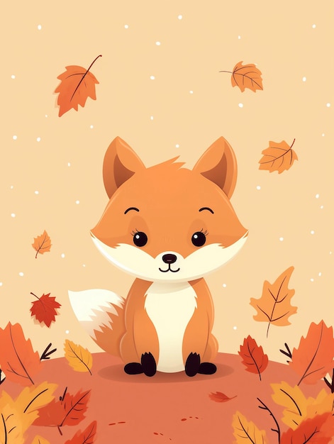 Photo a cute cartoon fox is sitting on a pile of autumn leaves