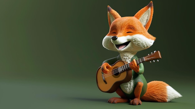 A cute cartoon fox playing the guitar and singing It has a big smile on its face and is surrounded by a green background