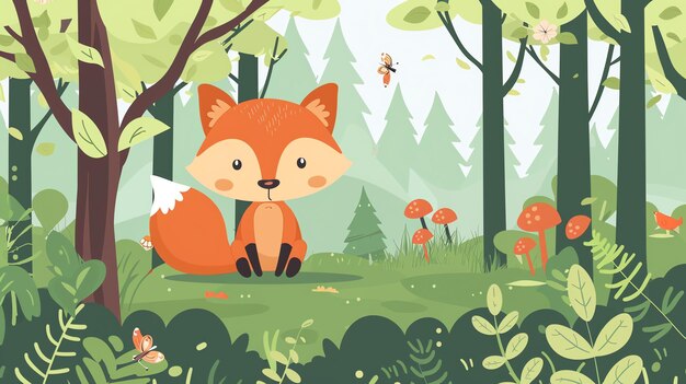 Photo a cute cartoon fox sits in a green forest with mushrooms and butterflies