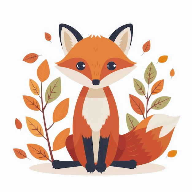 Photo cute cartoon fox sitting in autumn leaves