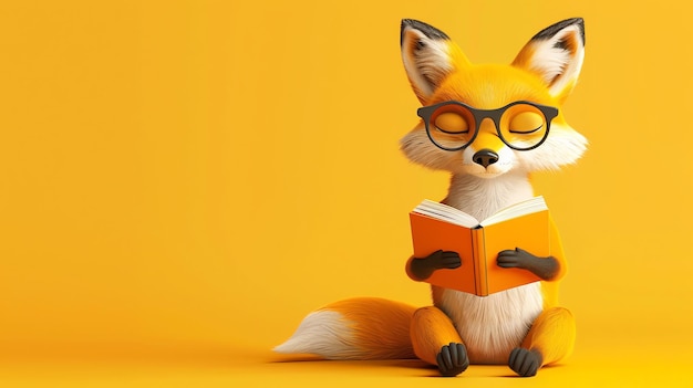 A cute cartoon fox wearing glasses sits with its eyes closed reading a book