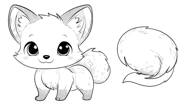 Photo a cute cartoon fox with big eyes and a fluffy tail both colored and outlined