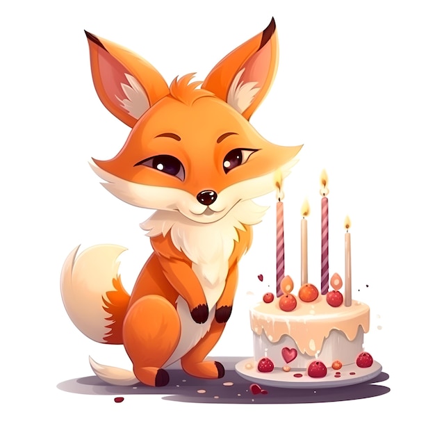 Cute cartoon fox with birthday cake Vector illustration isolated on white background