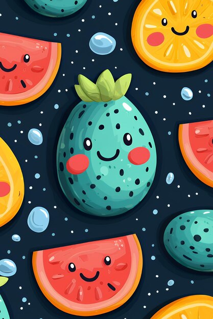 Photo cute cartoon fruits with smiling faces on a dark background