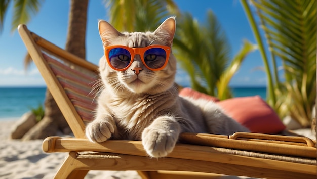 Cute cartoon funny cat wearing sunglasses beach palm trees