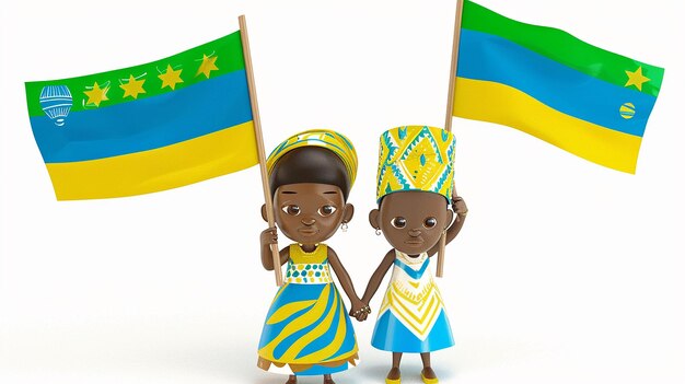 Photo a cute cartoon gabonese girl and boy holding flag for celebrating independence day