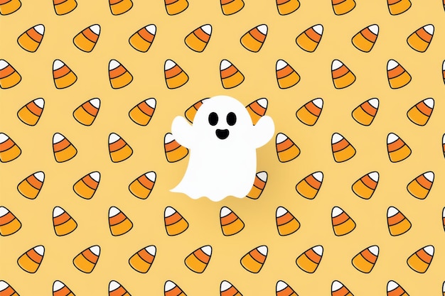 Photo cute cartoon ghost candy corn pattern yellow background halloween fun halloween marketing