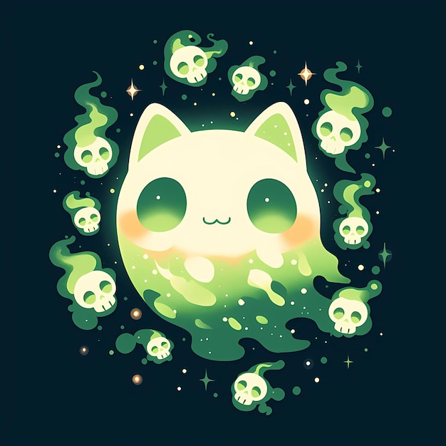 Cute cartoon ghost cats on dark background Spooky flying spirit Halloween night Kawaii character