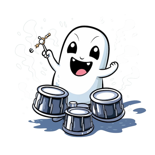 Photo cute cartoon ghost enthusiastically playing a drum set