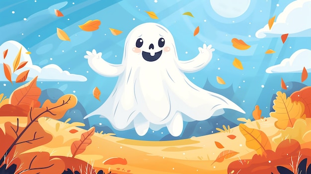 A cute cartoon ghost floats in the air with falling leaves surrounding it against a backdrop of a blue sky with clouds