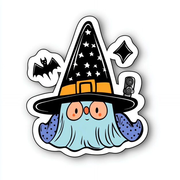 Photo cute cartoon ghost wearing a witch hat for halloween