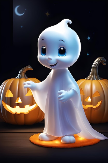 Cute cartoon ghost with pumpkins on dark background Halloween illustration