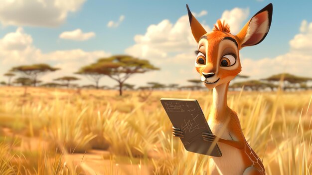 Photo cute cartoon giraffe holding a tablet in the middle of a grassy plain